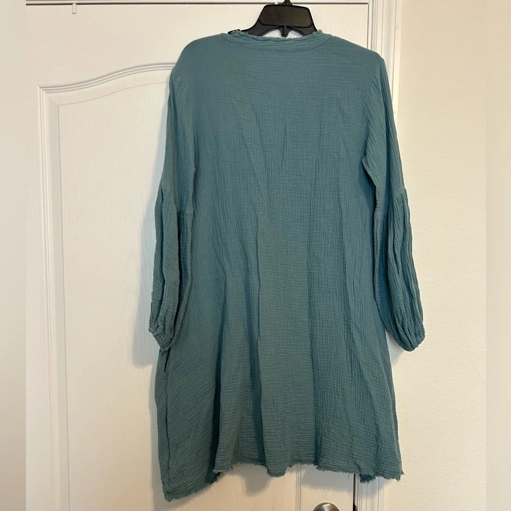 Cotton Buttons Gauzy Oversized Pockets Lantern Sleeve Frayed Edge Dress Size S - Picture 2 of 4